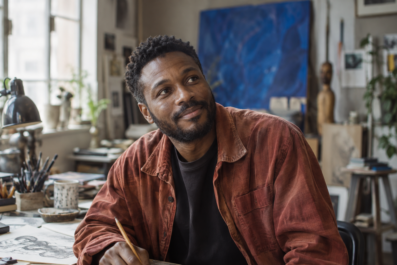 A Black illustrator at his working art table, looking up from a sketch